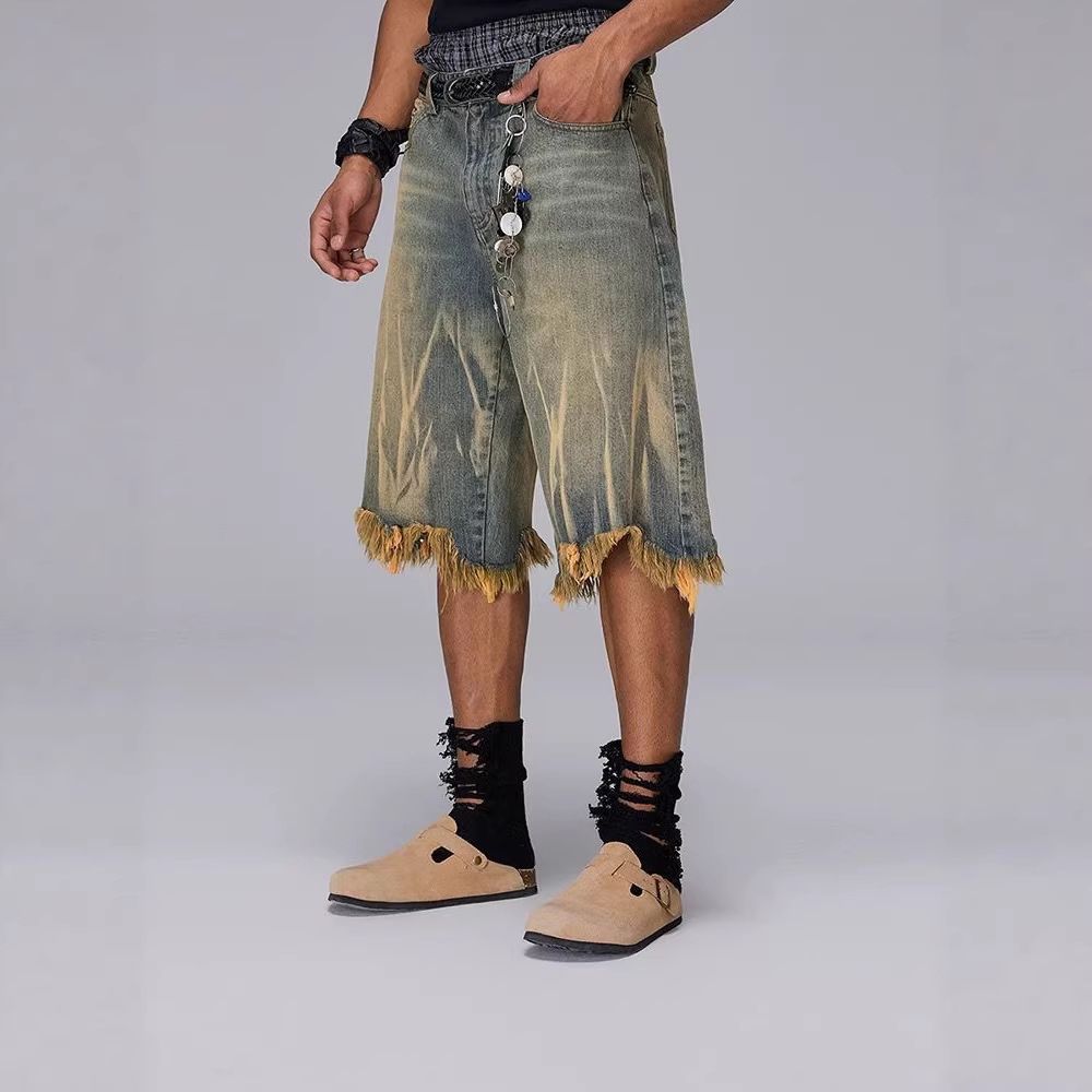 Men's Washed Denim Shorts Trendy Brand Loose Fit Cropped Style Distressed Finish Yellow Mud Dye Summer Casual Clothing_mkmklike.com