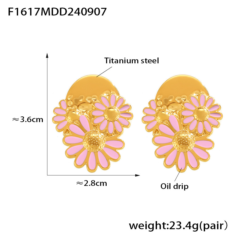 Boucles d'oreilles chrysanthème de style INS européen et américain Boucles d'oreilles goutte à goutte d'huile de marguerite en acier au titane Boucles d'oreilles rétro de tempérament pour femmes_voghion.com