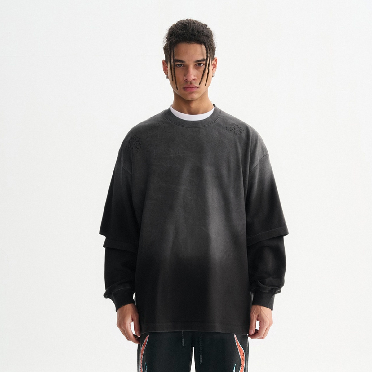 Primavera y otoño hombres falsos dos piezas estampadas mangas largas lavado con agua para hacer la vieja moda retro americano casual blusa pesada en el interior image 7