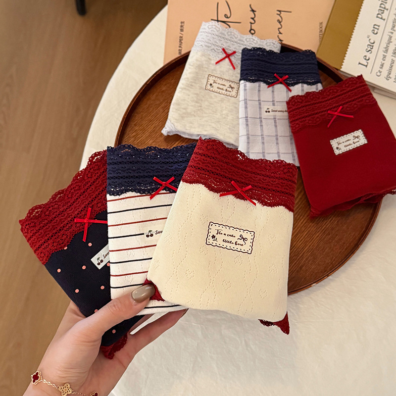 5372 # New Product Recommendation: Retro Color-Blocked Lace Trim A-Class 10A Antibacterial Extended Crotch Mid-Waist Girls' Triangle Panties