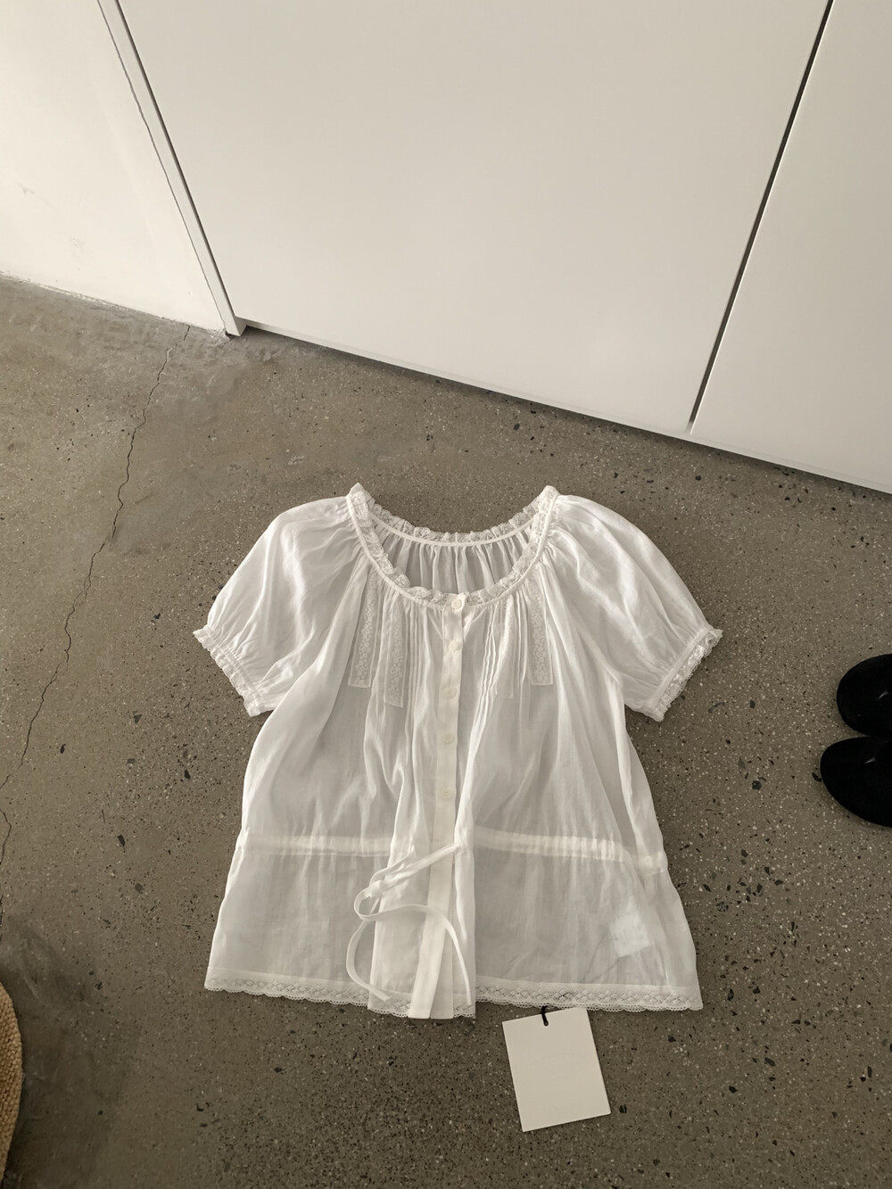 Áo sơ mi nữ tay bồng ren cotton linen thắt eo 2026 — Xanh nước biển, màu trắng, Bột cam chi tiết 16