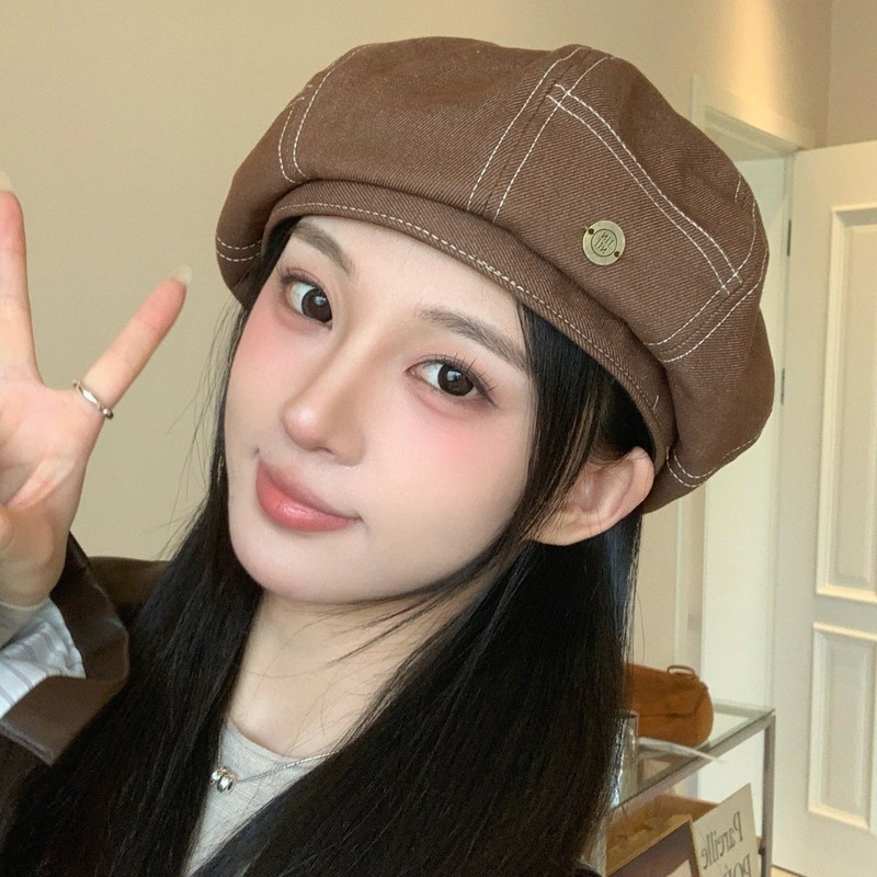 蓝色牛仔贝雷帽女2025新款春秋大头围八角帽秋冬韩系蓓蕾画家帽子|undefined