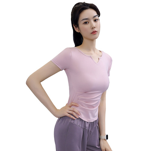 Women's Yoga Small V-Neck Short Sleeve T-Shirt with High Waist Pleated Tight Compression Running Training Breathable Fitness Top for Plus Size