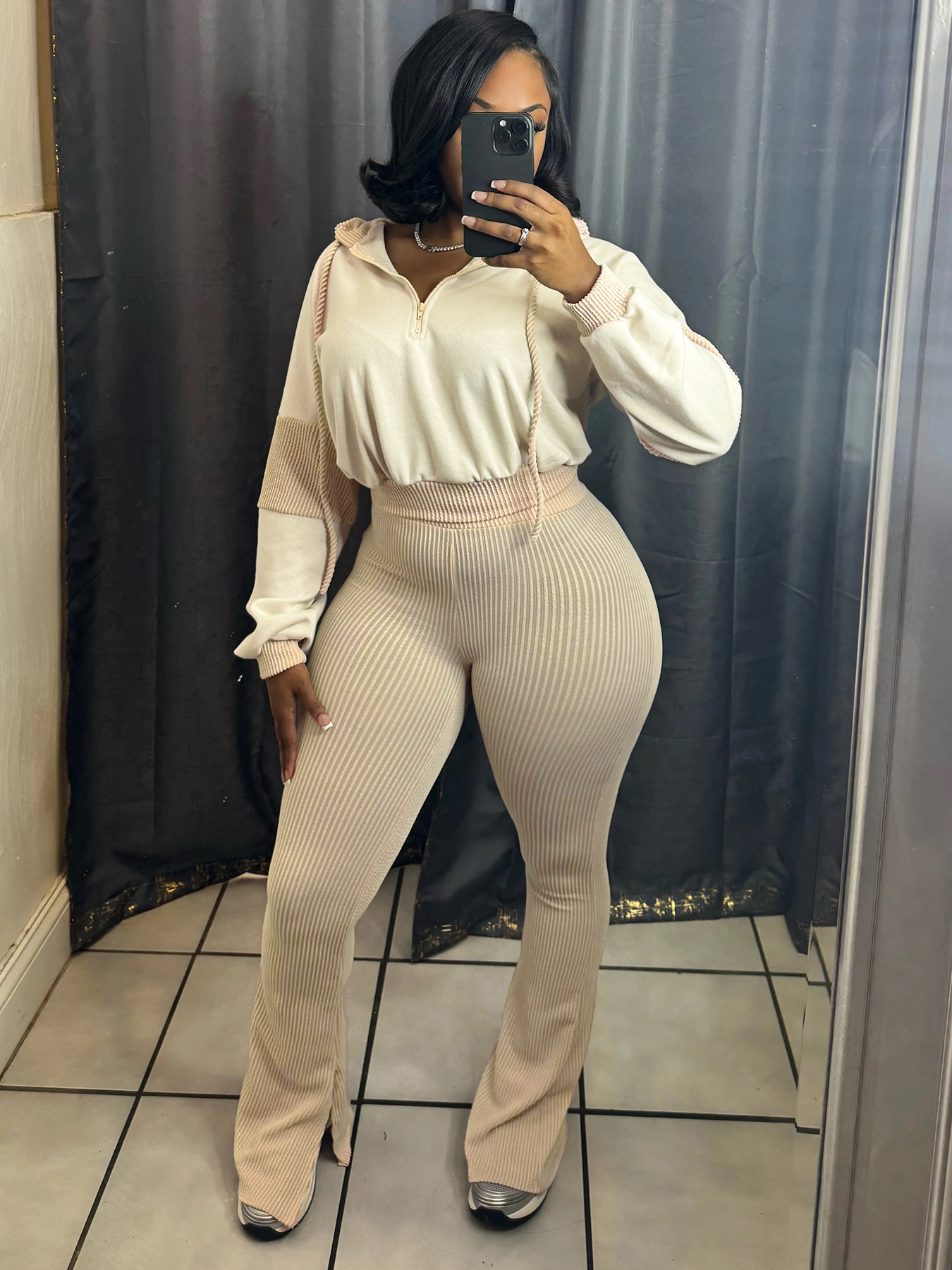 Women Clothing Twist Strip Sweater Stitching Hooded Bell Bottom Pants Two Piece Sets