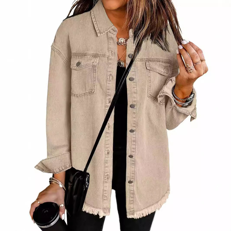 Cross-border New Washed Denim Shirt Jacket Women's European and American Autumn and Winter Distinctive Street-style Edge-milled Hem Jacket for Women Cross-border New Washed Denim Shirt Jacket Women's European and American Autumn and Winter Distinctive Street-style Edge-milled Hem Jacket for Women