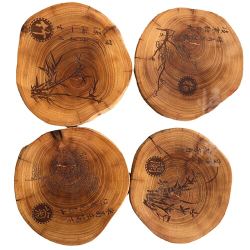 Thuja shaped tea coasters, heat-insulating mats for cups and tableware, wooden coasters with flowers, poems and characters, can be engraved with LOGO