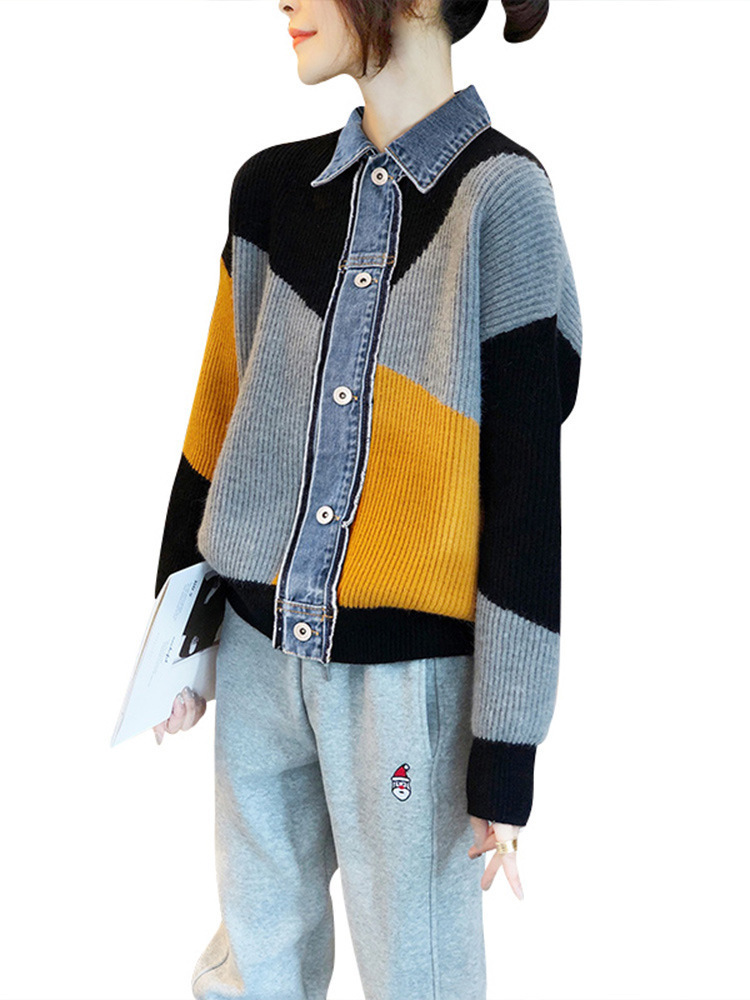 Women's Clothing 2023 autumn new version long sleeved lapel color matching two piece cardigan women's jacket denim_voghion.com