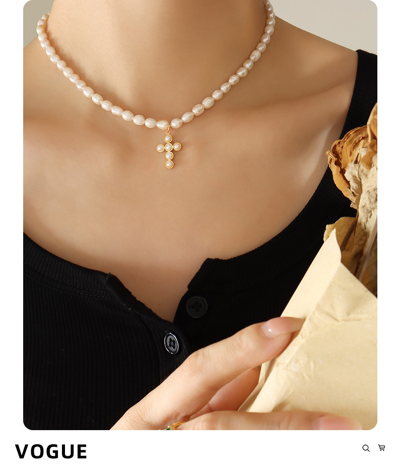 Elegant Cross Pearl Titanium Steel Plating Artificial Pearls Pendant Necklace