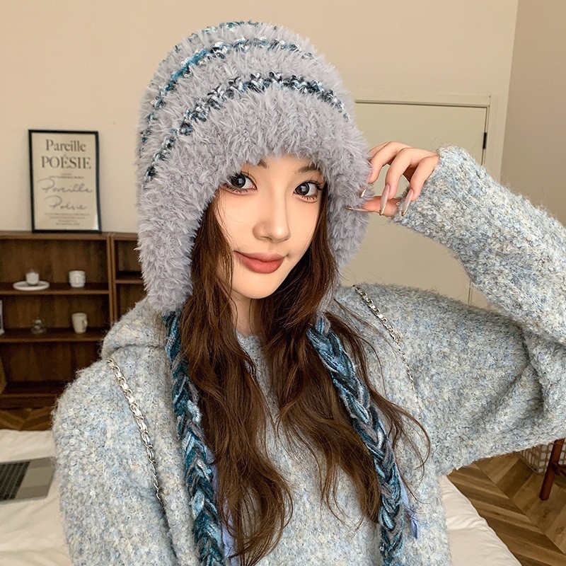韩版可爱小羊毛绒帽子女秋冬季保暖绑带针织护耳帽百搭套头雷锋帽|undefined