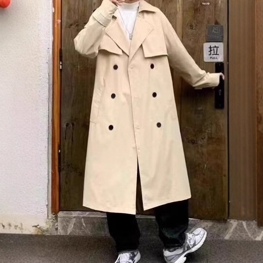 Men's plus-size, mid-length, double-breasted, over-the-knee trench coat for spring and autumn.
