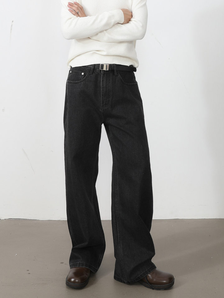 Quần jean nam ống rộng dáng suông thoải mái kiểu Mỹ, vải denim xử lý giặt mài, lưng trung, dài quần — Xanh da trờicolor, Xám đen, màu xám nhạt chi tiết 29