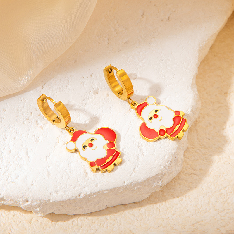 1 Pair Christmas Cute IG Style Christmas Tree Santa Claus Elk Enamel Titanium Steel Drop Earrings display picture 3