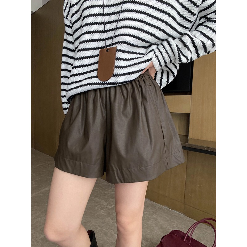 Sinan American Modern Tone Retro Matte PU Leather High Waist Loose A- line Leather Shorts SN6684