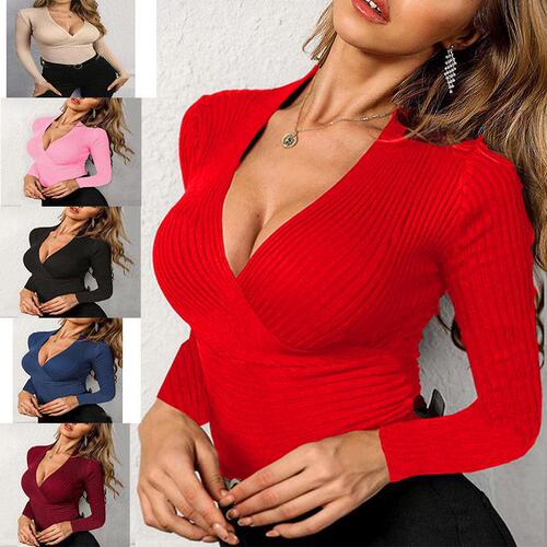 2025 New European and American Intellectual-style Elegant Knitted Pullover T-shirt with V-neck, Slim-fit Long-sleeved Spring and Autumn Women’s Wear