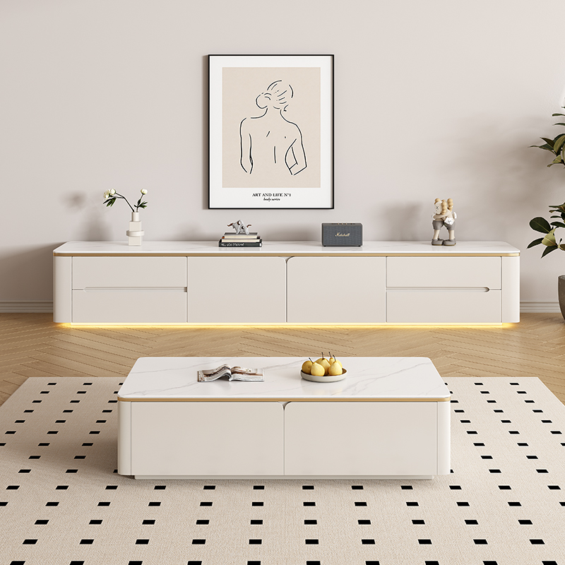 All Solid Wood Slate Tv Cabinet Coffee Table Combination Modern Simple Small Apartment Living Room Light Luxury High-End Floor-Standing Storage Cabinet