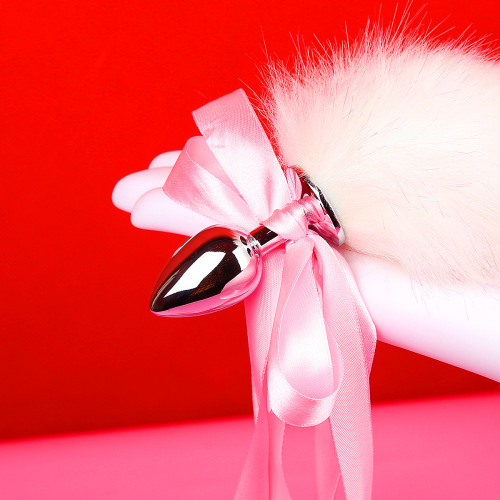 Sex toy pink bow for adult couples metal anal plug flirting white pink plush tail female backcourt hair