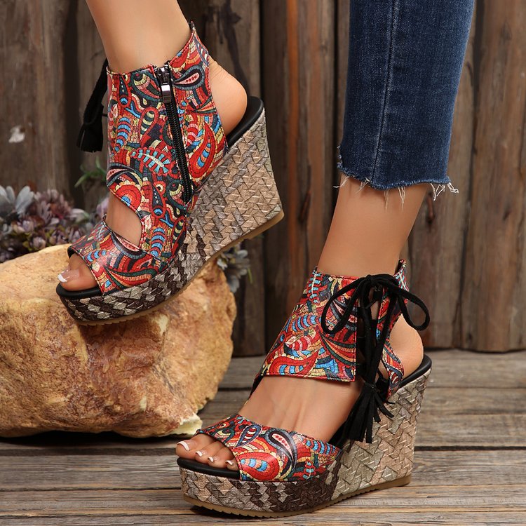 cross-border foreign trade plus size european and american wedge 2025 summer new tassel high heel peep toe platform muffin leopard print sandals women details Picture