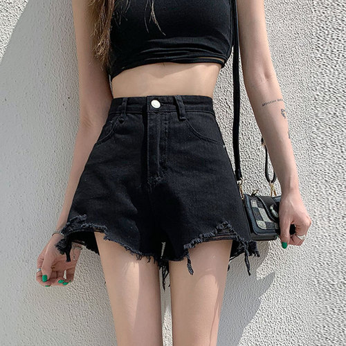 Ripped Denim Shorts for Women, Thin Style, Instagram-Worthy, Summer High-Waisted, Slimming, Loose-Fit, Straight-Leg, A-Line, Flared Hem, Hot Pants