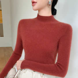 安哥拉红无缝坑条显瘦毛衣女秋冬修身半高领叠穿套头长袖打底针织