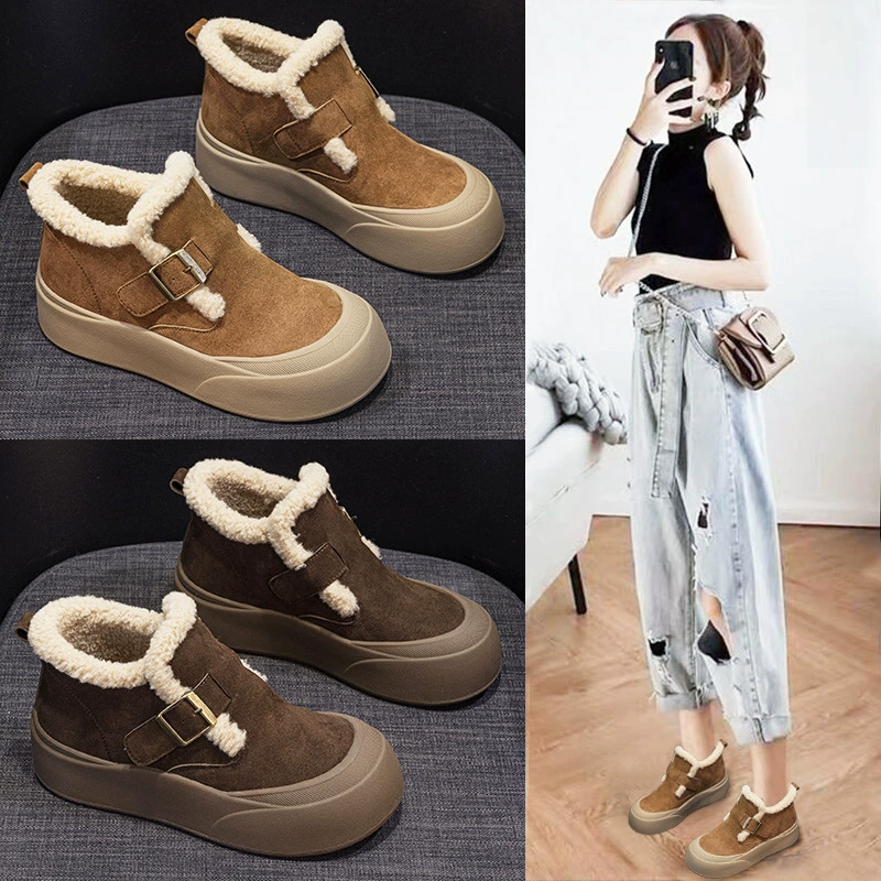 Зимние сапоги для женщин, новинка 2024, зимние бархатные утолщенные туфли Birkenstock, короткие сапоги, теплая нескользящая хлопковая обувь в корейском стиле на толстой подошве