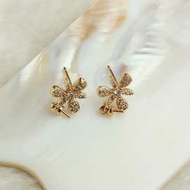 14k镶锆石蜜蜂带空托耳钉 diy手工饰品配件 动物耳钩配件帽耳针