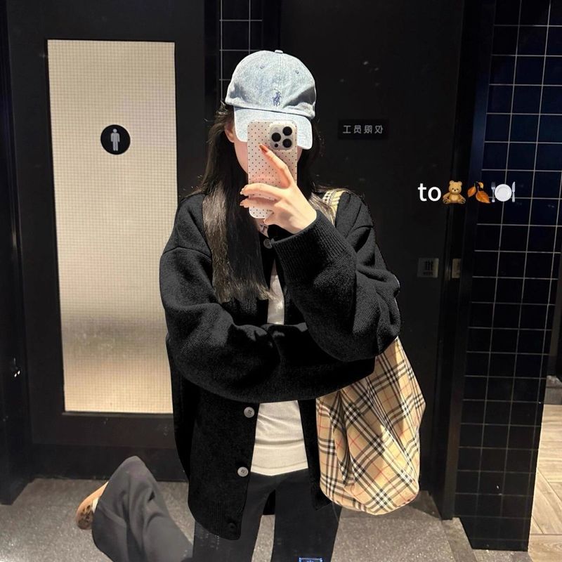 黑色针织开衫女秋季宽松慵懒风休闲感春秋外搭毛衣外套上衣冬|undefined