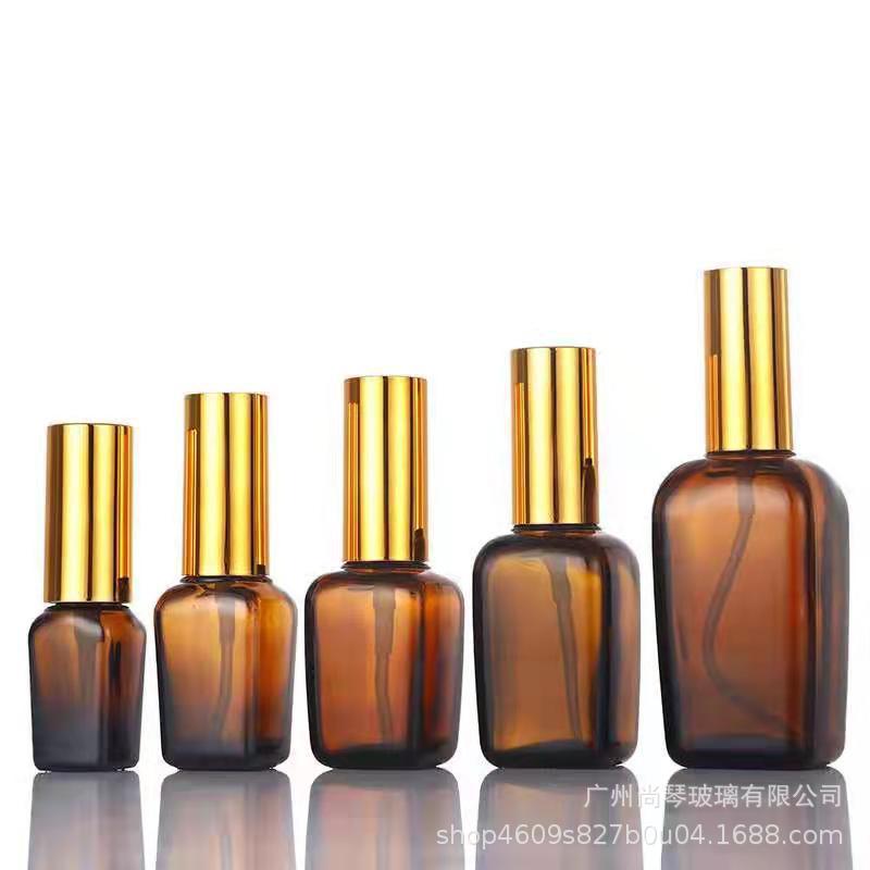 Fabricante en stock 10ml-l100ml cuadrado marrón botella de aceite esencial botella de aerosol cosmético botella cuentagotas botella de esencia