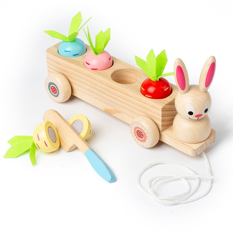 Los niños de madera animal conejo fruta vegetal tirando rábano tres-en-un carro jardín de infantes educativos juguetes de educación temprana
