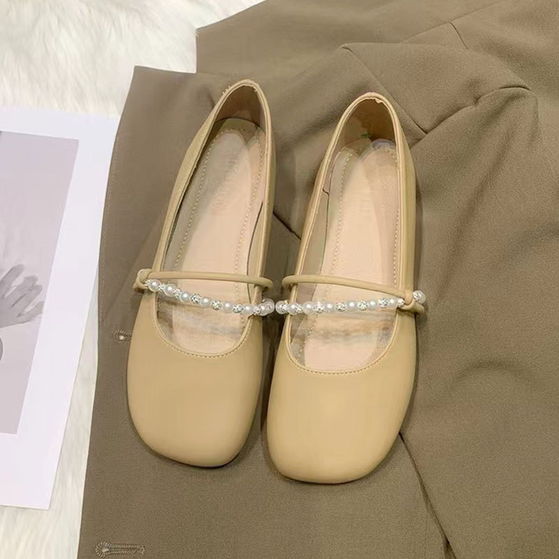 저녁 바람 부드러운 신발 여성용 플랫 슈즈 2025 봄, 가을 새로운 스타일 프렌치 스타일 스커트 진주 얕은 입 작은 가죽
