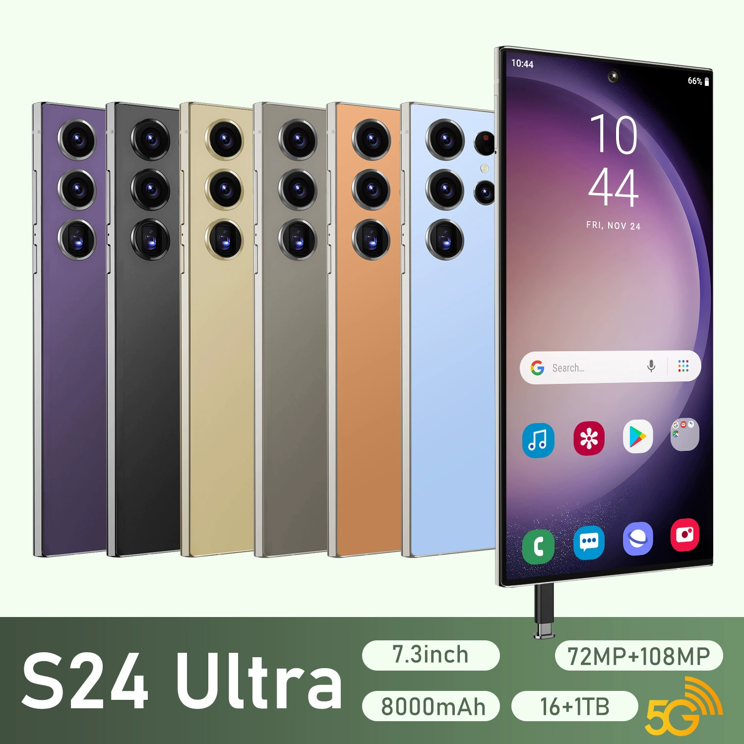 Мобильный телефон S24 (Android), 3‑дюймовый широкий экран, 0,45 кг, чёрный/золотой/фиолетовый