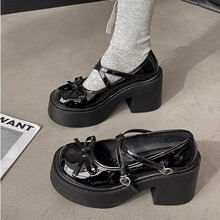 法式单鞋女一字扣厚底高跟鞋2024春夏秋新款粗跟小皮鞋仙女风鞋子