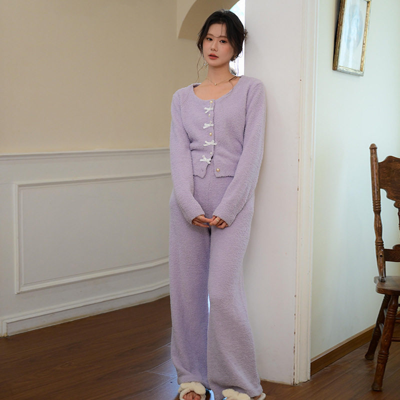 法式睡衣女新款2025秋冬双面绒加绒加厚保暖圆领开衫家居服可外穿|undefined