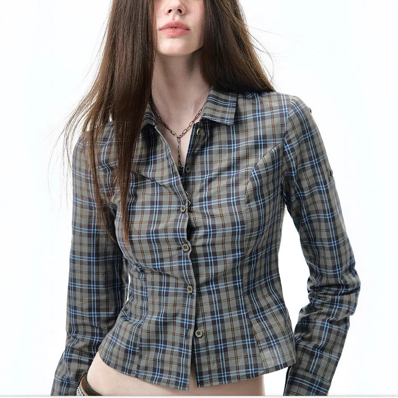 Plaid Long-Sleeved Shirt with Bow Tie Design on the Back, Autumn Waist Slimming Top, Short Shirt for Women