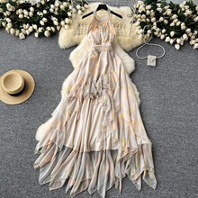 欧美法式复古氛围感不规则晕染挂脖多层荷叶边连衣裙女度假拖尾裙