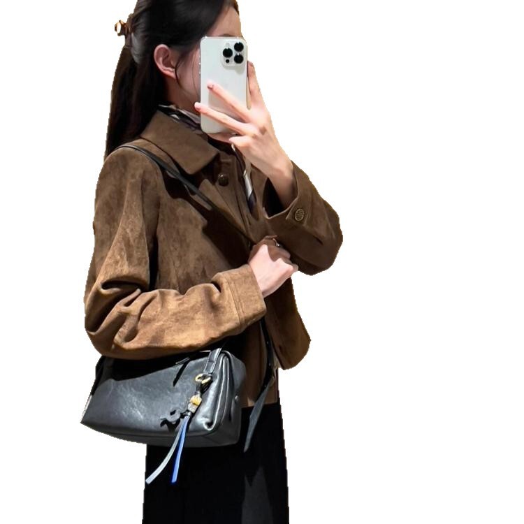美拉德麂皮绒外套女短款2025春秋新款复古宽松小个子薄款夹克上衣|undefined