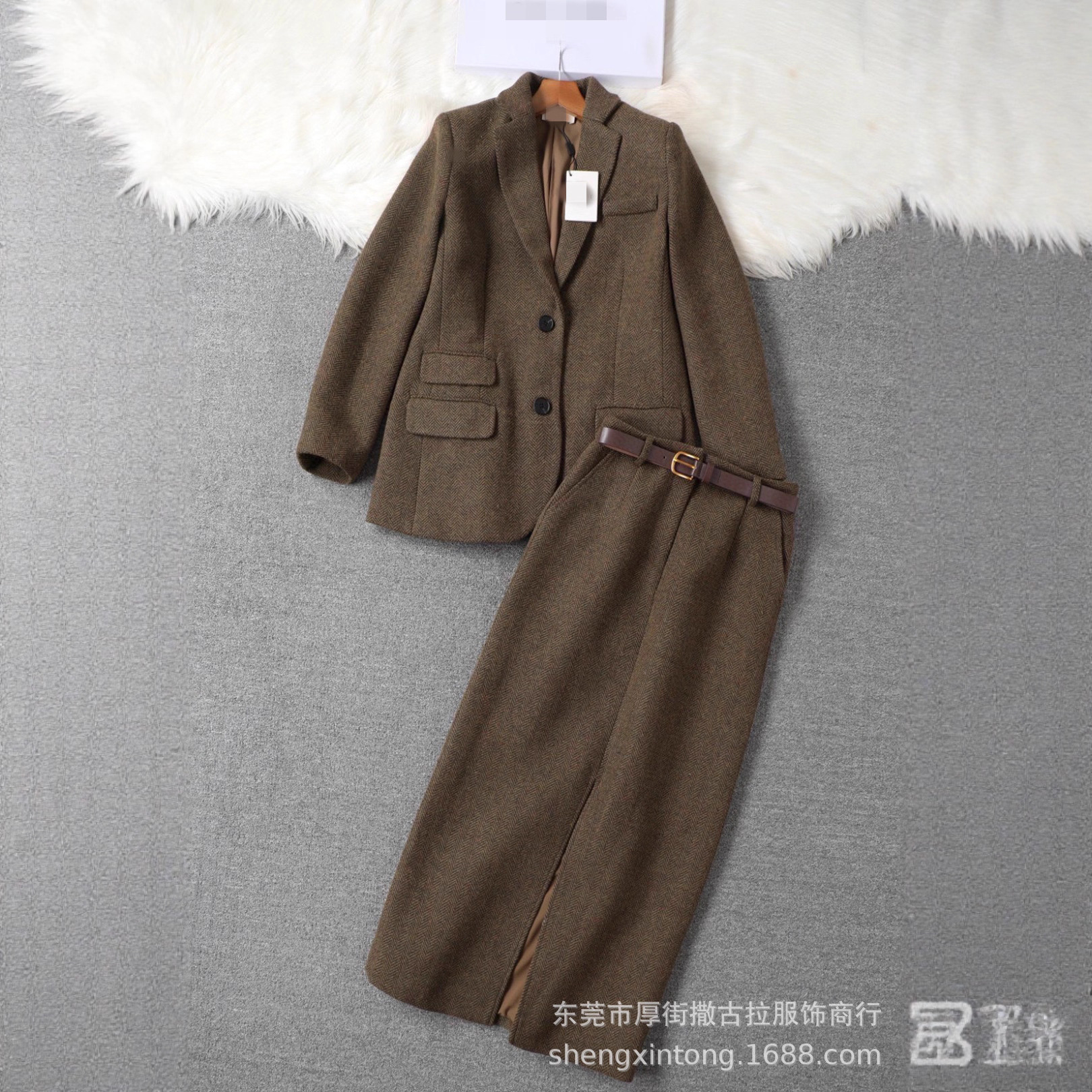 25 Big-Name Winter New Export Original Single Brown Herringbone Retro Woolen Suit Jacket for Women Korean Style British Style