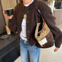 跨境欧美休闲简约纽扣长袖外套毛衣女装2025秋冬亚马逊独立站