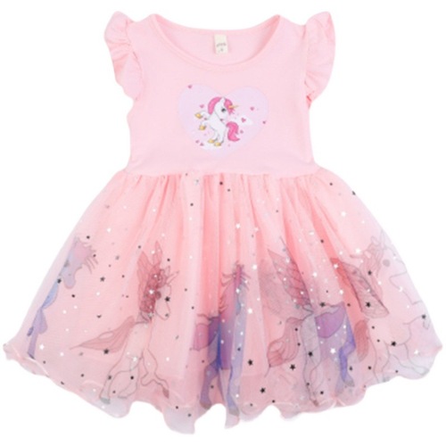 2024 new style girls small and medium children unicorn dress fluffy yarn princess dress cotton short sleeve baby trendy