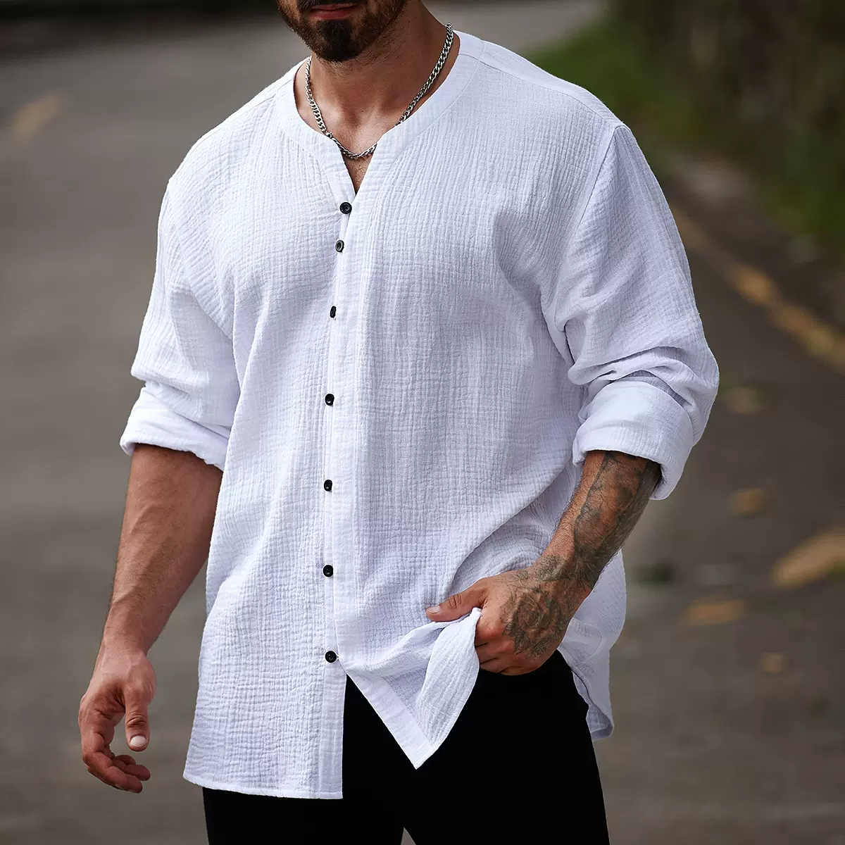 2025亚马逊速卖通欧美跨境男士复古棉质休闲大码春秋长袖衬衫纯棉