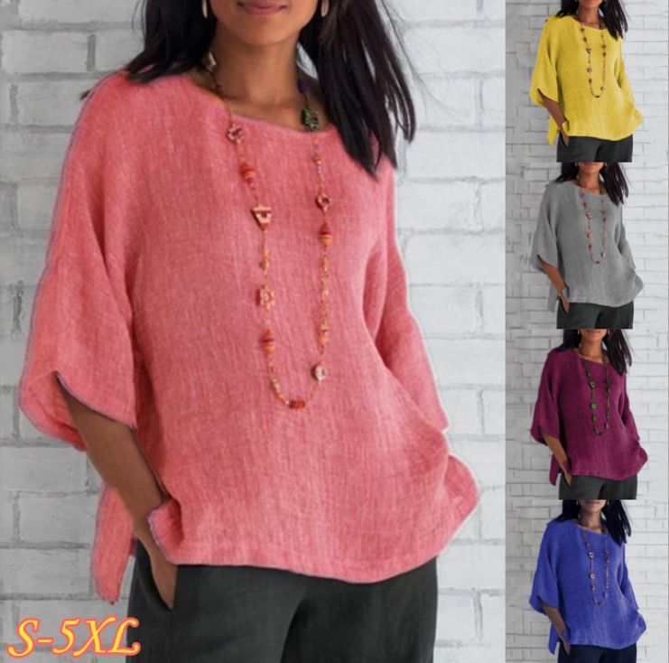 Same-Day Shipping 2026Wisheaby Amazon New Foreign Trade Women's Clothing Three-Quarter Sleeve Round Neck Cotton-Linen Shirt Top