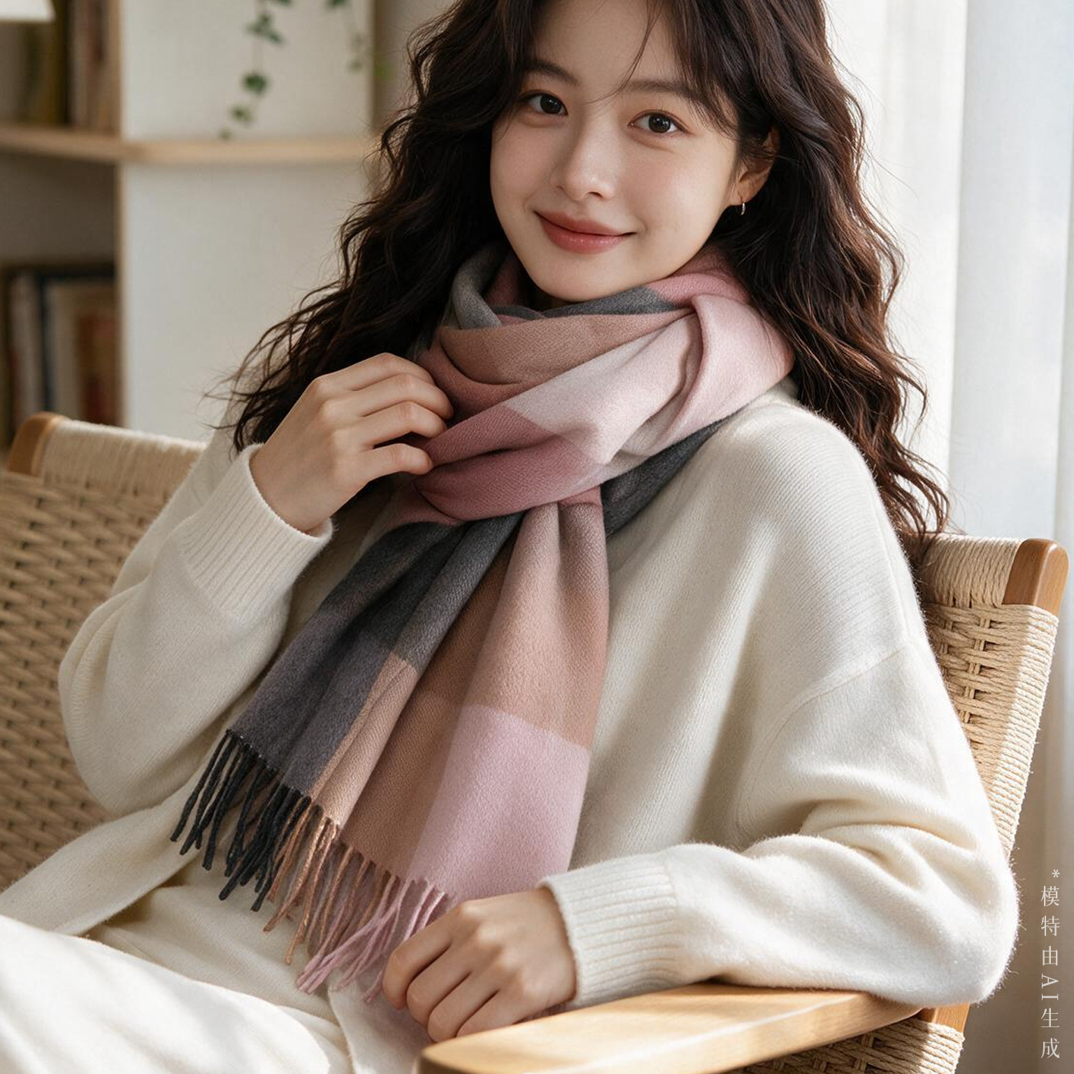 두꺼운 가을 겨울 체크 100% 울 머플러 분위기감 걸핏 보온 wool 울 목도리 편