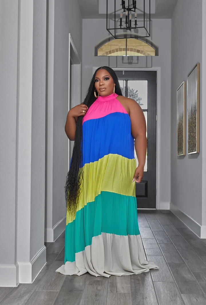 Women's plus-size splicing color contrast long swing dress_voghion.com