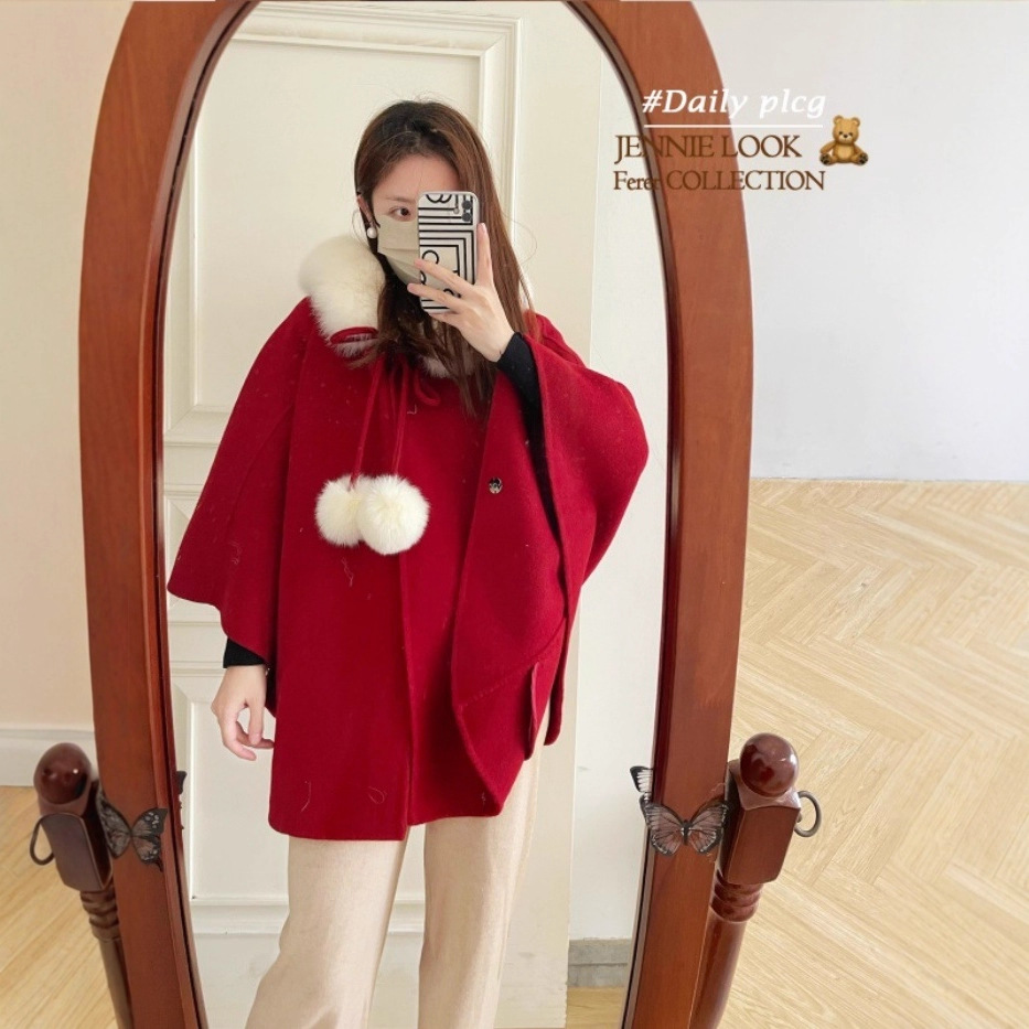 Moxue Xundong High-End Fox Fur Collar Elegant Loose Wool Double-Sided Woolen Coat Women's Woolen Jacket P746