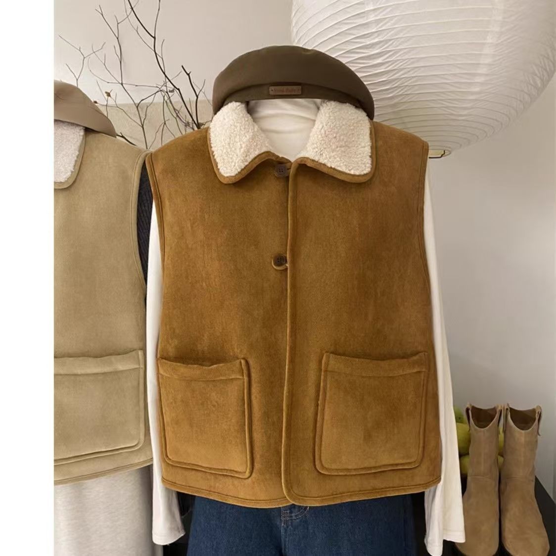 Meilad coreano estilo de moda de piel de ciervo chaleco de invierno nuevo interior de lana de cordero hombre pequeño hombro