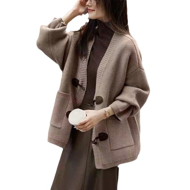 秋冬新款时尚宽松慵懒风针织开衫女韩系牛角扣复古纯色V领毛衣外|undefined