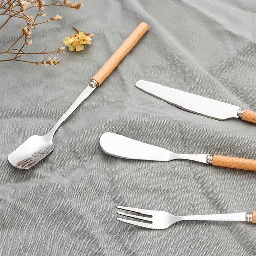 Wooden thin handle dessert fork and spoon 410 stainless steel tableware three-piece steak western food tableware knife, fork and spoon set