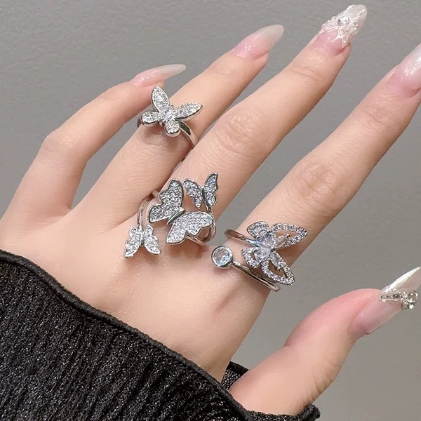 Korean-Style Elegant Full Diamond Exquisite Butterfly Open Ring, Adjustable for Stacking, High-End Niche Design Index Finger Ring