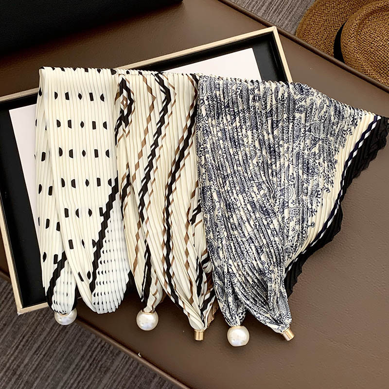 Hebilla de succión magnética collar de perlas bufanda de seda larga y estrecha bufanda de cuello femenino con camisa bufanda fina bufanda de seda plisada bufanda