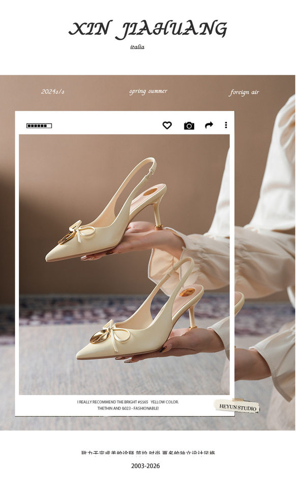 Sandal cao gót nữ mũi nhọn bít mũi đính nơ khóa kim loại, gót 6–8 cm — Màu hồng nhạt, Màu trắng ngà, Màu vàng nhạt chi tiết 2