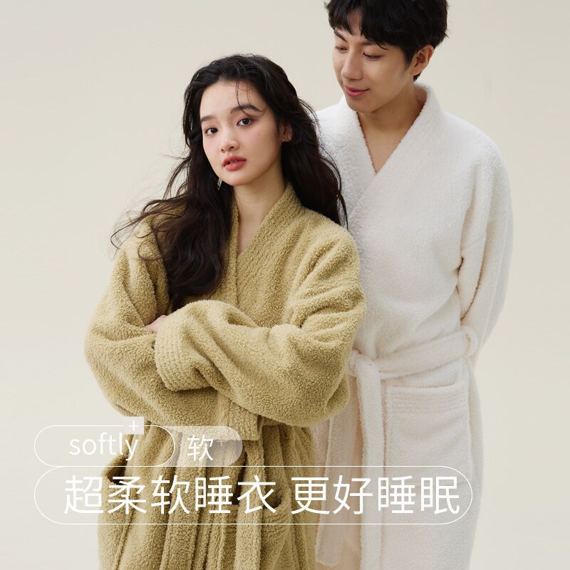 in stock Autumn and Winter New Coral Fleece Thickened Beautiful Fleece Men's and Women's Nightgown Long Bathrobe Couple Pajamas